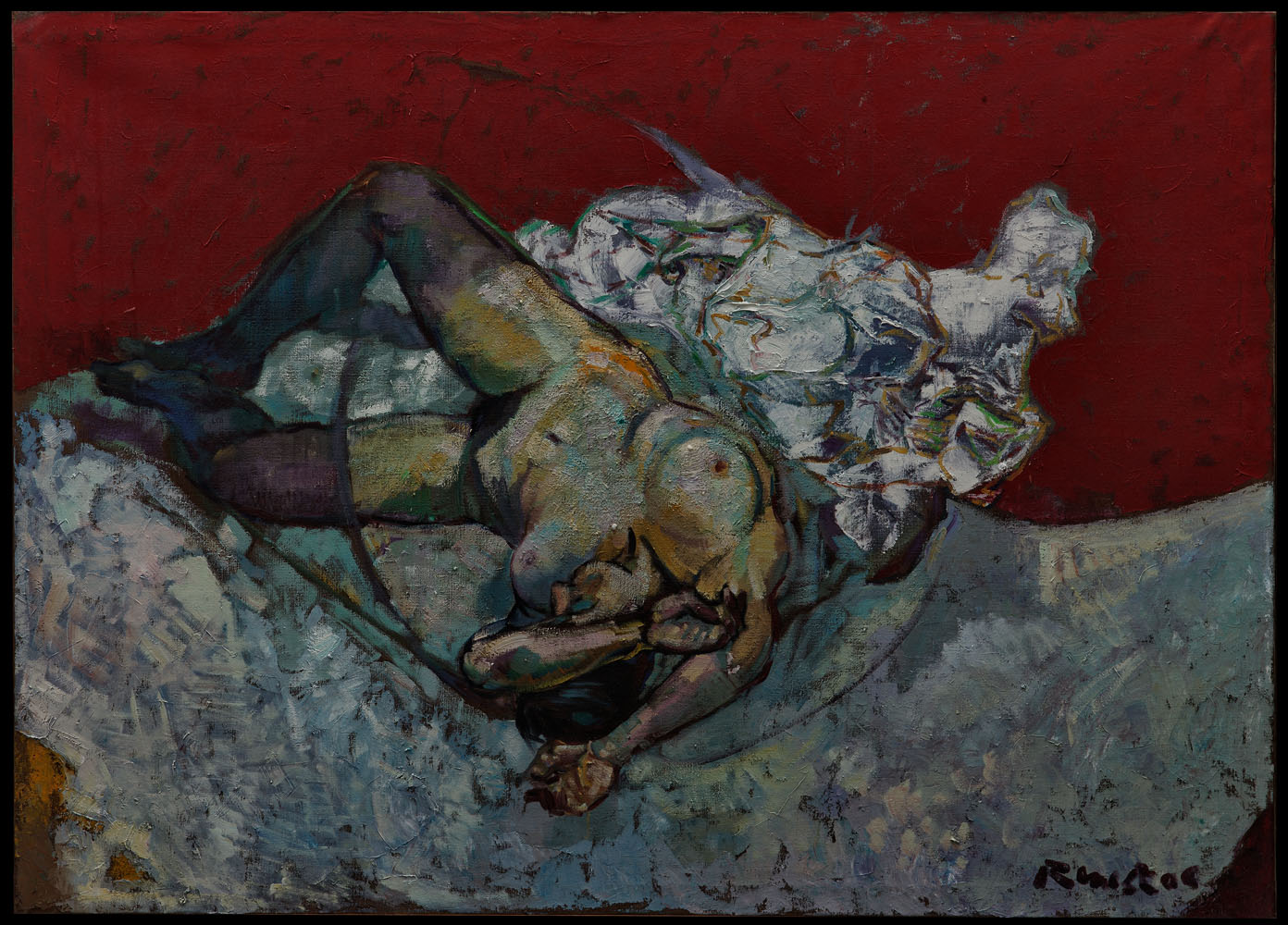 ''nu sur fond rouge :nude in red '' huile sur toile  212x152 cm2006 -vendu collection J Baars hollande
