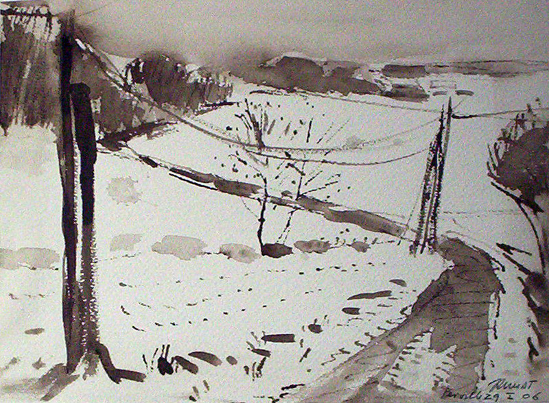 paysage de neige encre de chine ,plume ,pinseau sur papier arche