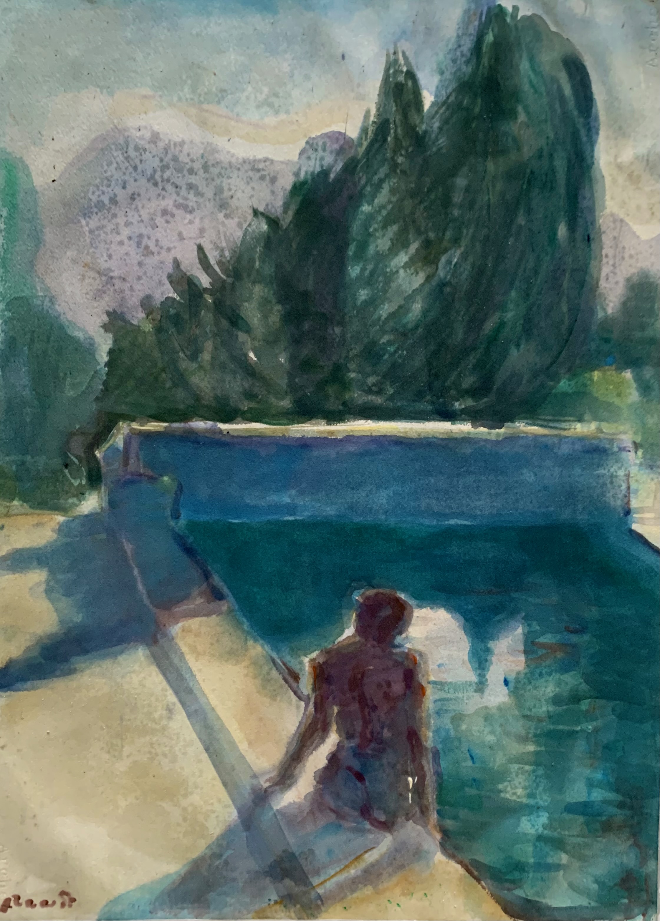 ''swimmingpool with the Mont Ventoux ''Provence France aquarel on archepaper 60x70 cm 2023
