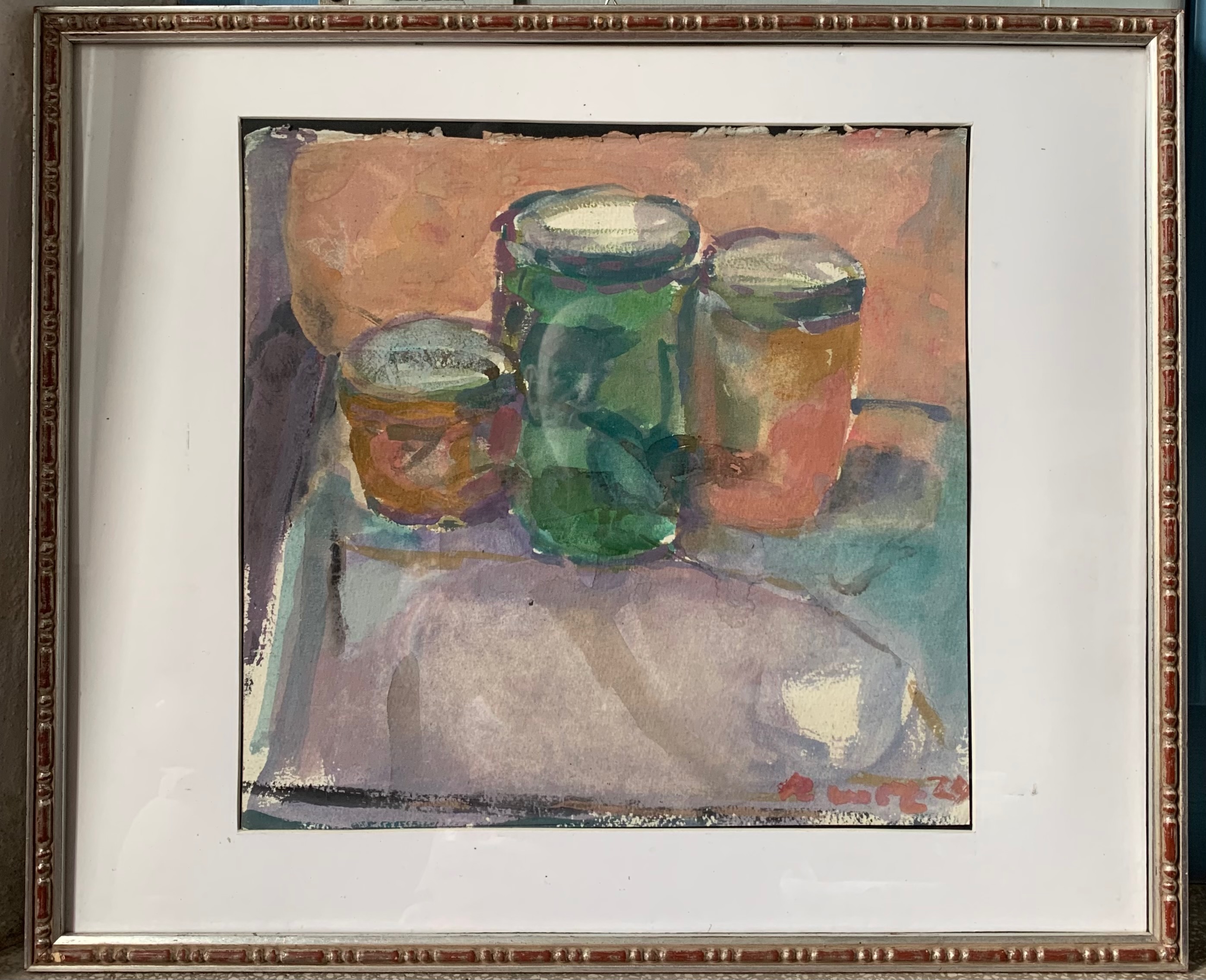 aquarelle arche paper  ''3 jars of pigments '' with frame54x43 cm   2024