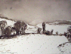 paysage de neige  VENDU 2006 40x30plume  Lavis bistre 35 x 25cm 