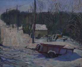 la remorque devant ma porte dans le neige peinture à l'huile sur toile