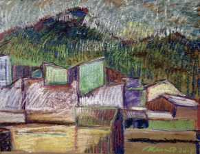 landscape with cubist houses pastel 36x50 Quito 2018