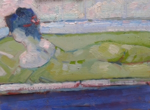 piccolo nuda nel bagno olio su legno 