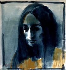 ritratto Lucia, pennello acqua indaco  e ocra su carta Arche  45x 39 cm 2019