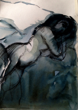 nudo nel letto  lavato disegno indigo/aqua e gesso nero 2019