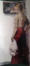 piccolo mezzo-nudo in piedi in gonna rossa    olio su legno circa 20 x12 cm 1963
