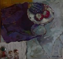 ''piatto di porcellana con frutto e collage e tubi di pintura'' olio su tela 40x50 cm 